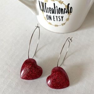 Red Glitter Heart Hoop Earrings